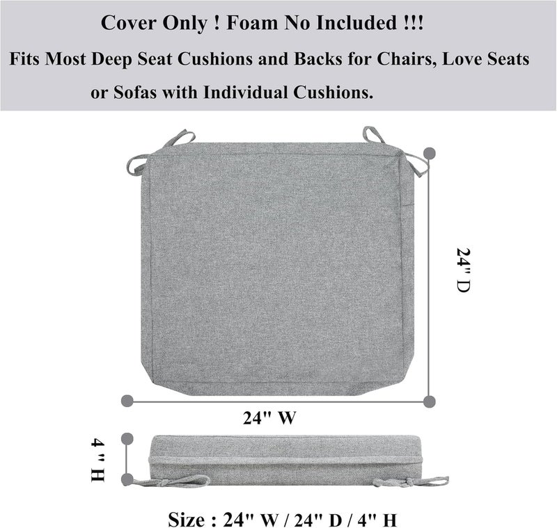 FUNHOME 2 Pack Outdoor Cushion Covers 24" x 24" x 4", No Insert! Water-Resistant Patio Chair Seat Cushion Covers with Zipper and Tie, Replacement Cover Only(Light Grey) - Image 3